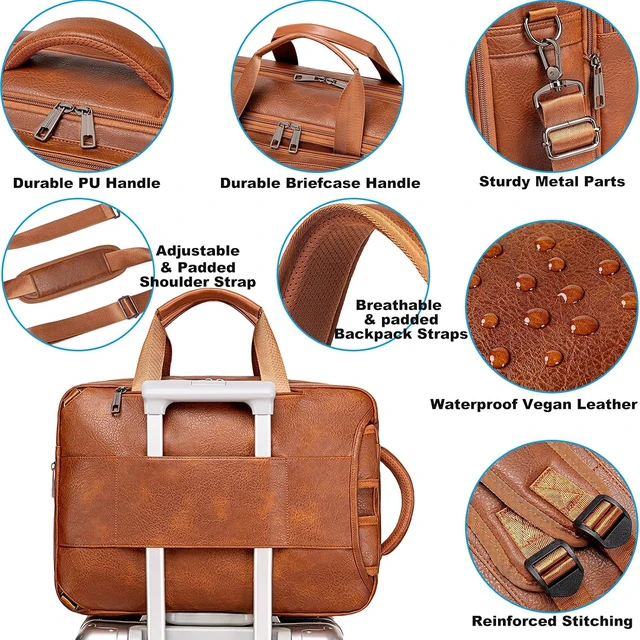Alt view image 6 of 6 - 3-in-1 Vegan Leather Convertible Laptop Bag for Men & Women Expandable Travel Backpack, Work Briefcase & Messenger Bag