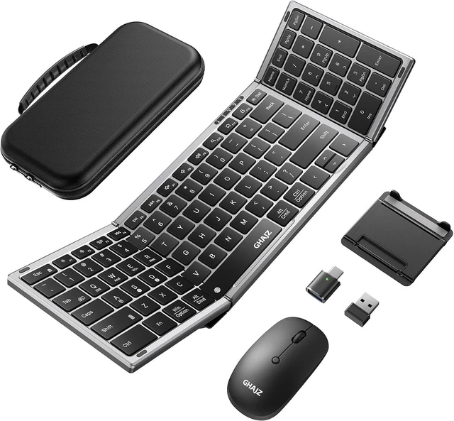 Main image of Portable Foldable Keyboard & Mouse Combo Bluetooth×2 + USB-A + USB-C (4-in-1), Full-Size Folding, Rechargeable Silent Design for Travel/Home/Office, Black Gray