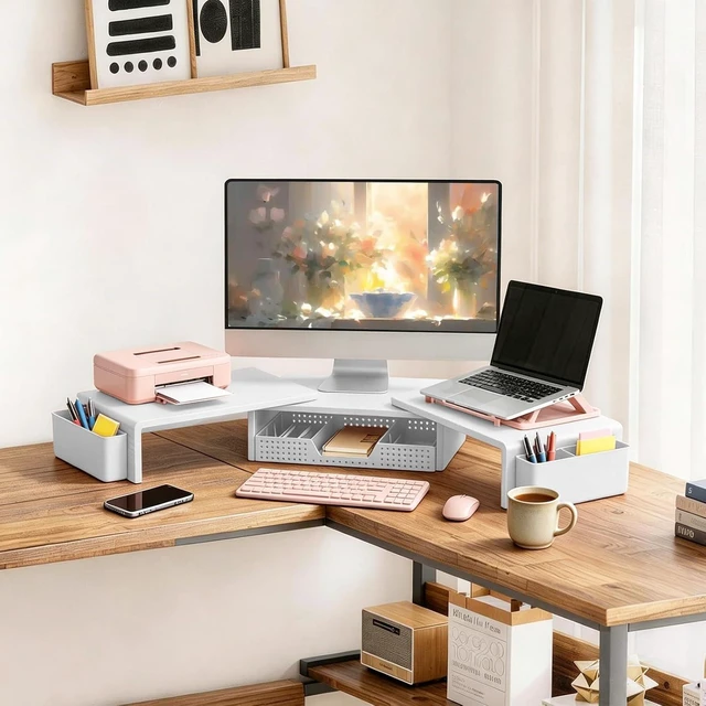 Alt view image 2 of 7 - Dual Monitor Stand Riser with Drawer & 2 Pen Holders, White