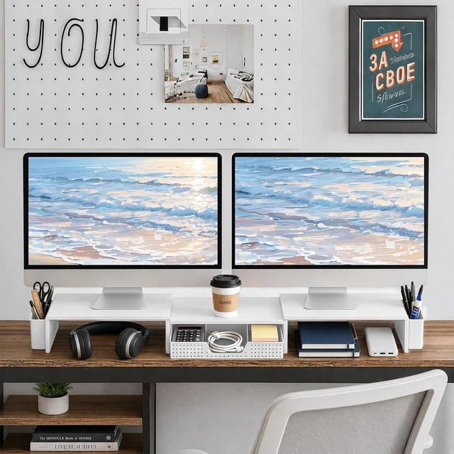 Alt view image 3 of 7 - Dual Monitor Stand Riser with Drawer & 2 Pen Holders, White