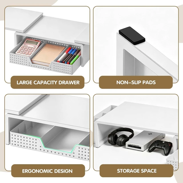 Alt view image 6 of 7 - Dual Monitor Stand Riser with Drawer & 2 Pen Holders, White