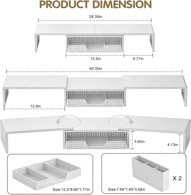 Alt view image 7 of 7 - Dual Monitor Stand Riser with Drawer & 2 Pen Holders, White