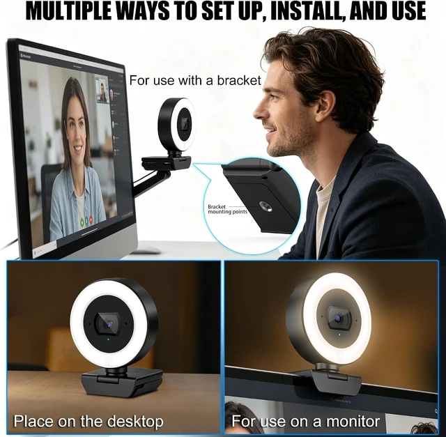 Alt view image 6 of 7 - 4K Webcam with Ring Light PDAF Autofocus Web Camera for Desktop