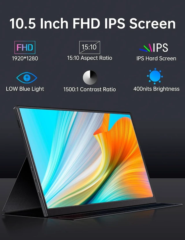 Alt view image 2 of 6 - 10.5" FHD 1280P IPS Portable Monitor 400 Nits, 15:10, Ultra-Slim Mini Monitor with Smart Cover & Speaker, USB-C/HDMI HDR Gaming, for Laptop PCs