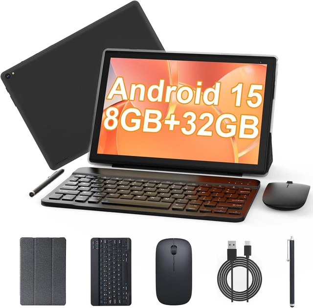 Main image of 10-Inch Android 15 2-in-1 Tablet with Keyboard 8GB RAM + 32GB ROM, 1TB Expandable, Quad-Core CPU, HD Screen, BT, WiFi, with Case, Mouse & Stylus, Black
