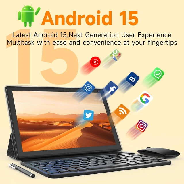 Alt view image 6 of 7 - 10-Inch Android 15 2-in-1 Tablet with Keyboard 8GB RAM + 32GB ROM, 1TB Expandable, Quad-Core CPU, HD Screen, BT, WiFi, with Case, Mouse & Stylus, Black