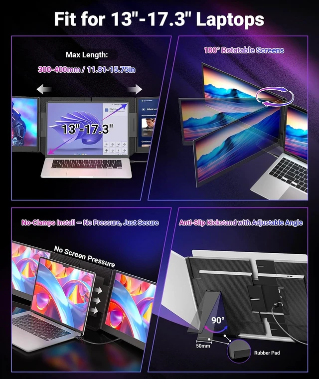 Alt view image 5 of 7 - 15.6" One-Cable Laptop Screen Extender Ultra-Thin 1080P FHD Triple Portable Monitor for 1317.3" Laptops, USB-C/USB-A, for Mac/Windows/Android (Driver Required)