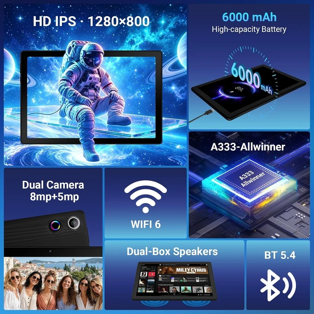 Alt view image 3 of 7 - 10-Inch Android 16 Tablet, 24GB RAM 64GB ROM 1TB 1280x800 HD IPS, Fast WiFi 6, BT 5.4, 6000mAh, Dual Cameras, GMS, with Keyboard for Work & Entertainment, Black