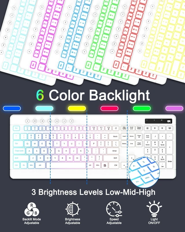 Alt view image 3 of 7 - Wireless Keyboard & Mouse Combo with 10 Backlit Effects Rechargeable 2.4GHz Silent Full-Size Light-Up USB Keyboard & 6-Button RGB Mouse for Laptop, Computer, PC