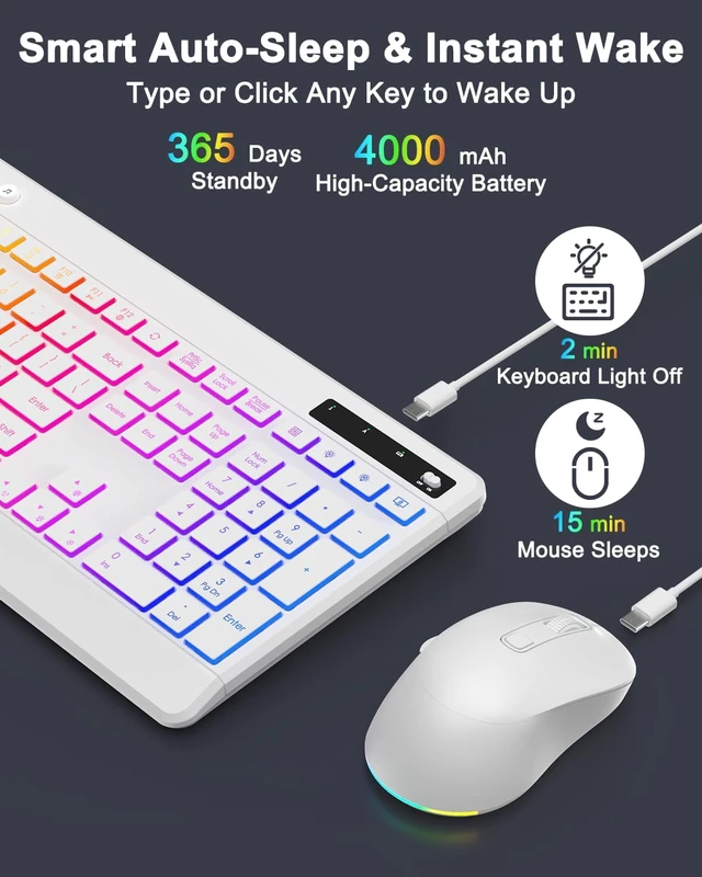 Alt view image 5 of 7 - Wireless Keyboard & Mouse Combo with 10 Backlit Effects Rechargeable 2.4GHz Silent Full-Size Light-Up USB Keyboard & 6-Button RGB Mouse for Laptop, Computer, PC