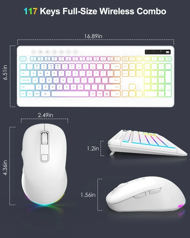 Alt view image 7 of 7 - Wireless Keyboard & Mouse Combo with 10 Backlit Effects Rechargeable 2.4GHz Silent Full-Size Light-Up USB Keyboard & 6-Button RGB Mouse for Laptop, Computer, PC