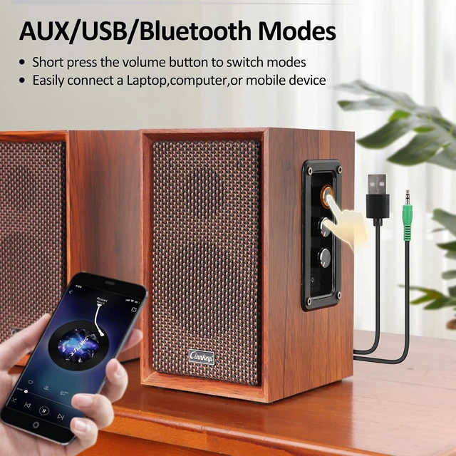 Alt view image 3 of 4 - 2026 Upgraded Active Bookshelf Speakers 40W Hi-Fi (DSP) Computer Speakers with Powerful Bass, Bluetooth/USB/RCA/AUX Inputs, 2.0 Wooden PC/TV Speakers for Laptop & Turntable