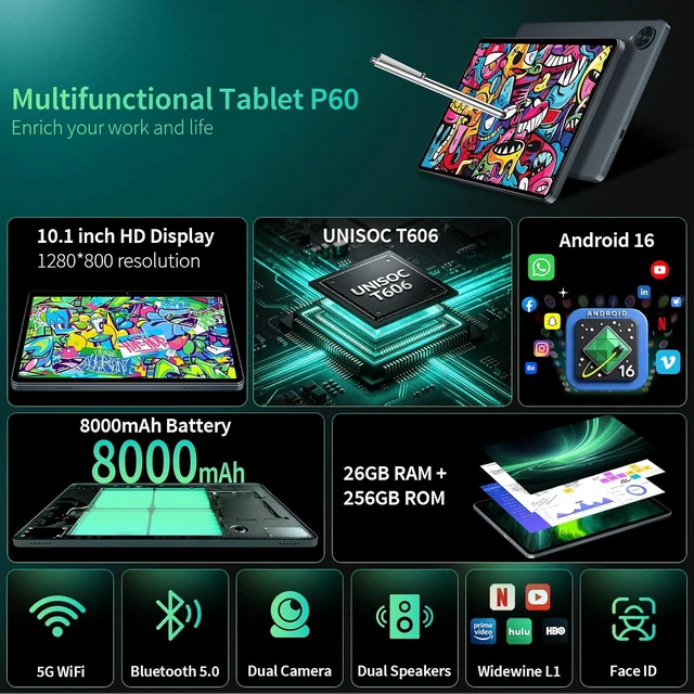 Alt view image 2 of 7 - Android 16 Tablet with Keyboard 26GB + 256GB + 2TB, Octa-Core (Silver Case)