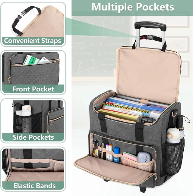 Alt view image 2 of 7 - Rolling Teacher Bag with Wheels & 15.6" Laptop Compartment, Gray