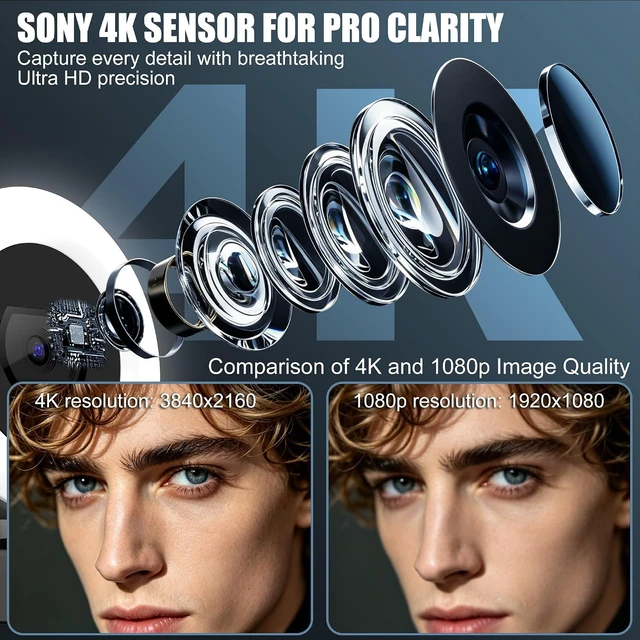 Alt view image 2 of 7 - 4K Webcam with Ring Light PDAF Autofocus Web Camera for Desktop