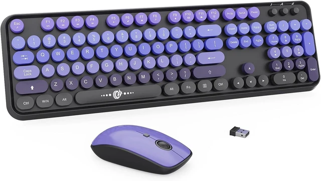 Main image of 2.4G Wireless Keyboard & Mouse Combo Full-Sized Retro Typewriter Keyboard with 104 Round Keys, Cute Colorful Mouse, for Laptop/Windows/PC Black Purple
