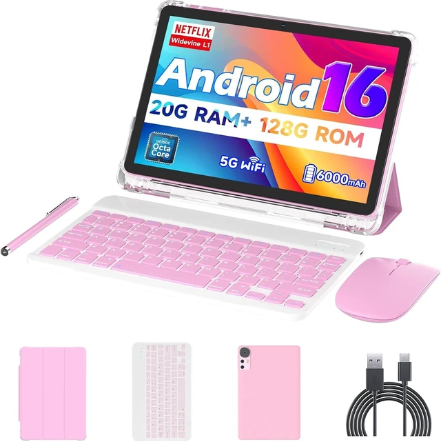 Main image of 10-Inch Android 16 Tablet, 20GB RAM 128GB ROM 2TB Expandable 2.0GHz Octa-Core, 2-in-1 with Keyboard Case Stylus Mouse, 5G WiFi6, BT 5.0, 6000mAh, Widevine L1, GMS, Pink