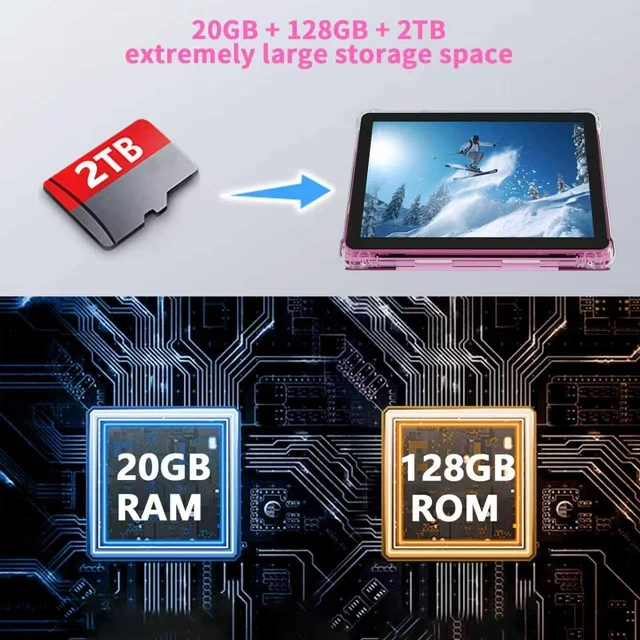 Alt view image 4 of 7 - 10-Inch Android 16 Tablet, 20GB RAM 128GB ROM 2TB Expandable 2.0GHz Octa-Core, 2-in-1 with Keyboard Case Stylus Mouse, 5G WiFi6, BT 5.0, 6000mAh, Widevine L1, GMS, Pink