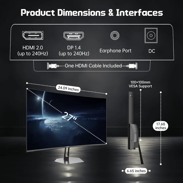 Alt view image 7 of 7 - 27" 240Hz Curved Gaming Monitor FHD 1080P