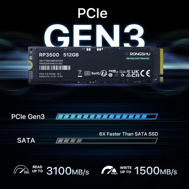 Alt view image 2 of 7 - 256GB M.2 2280 NVMe SSD PCIe Gen 3×4, Up to 3,000 MB/s Read, SLC Cache 3D NAND TLC, for Laptop & PC Desktops (RP3500)