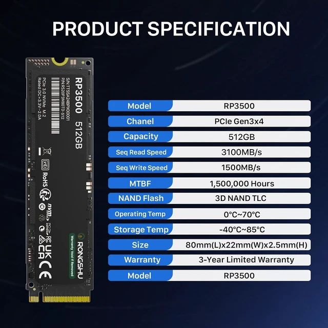 Alt view image 4 of 7 - 256GB M.2 2280 NVMe SSD PCIe Gen 3×4, Up to 3,000 MB/s Read, SLC Cache 3D NAND TLC, for Laptop & PC Desktops (RP3500)