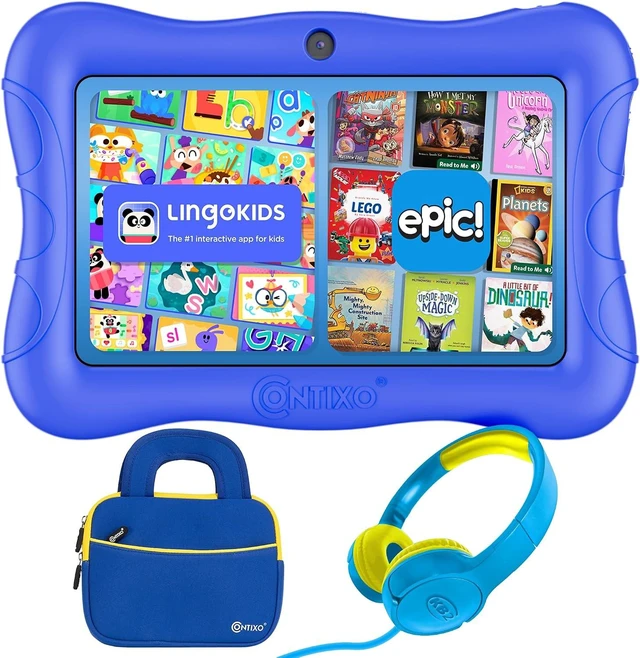 Main image of 7" Kids Learning Tablet Bundle Headphones, Sleeve Bag, Pre-Installed Games & Educational Apps, Parental Controls, Ideal for Education, Blue