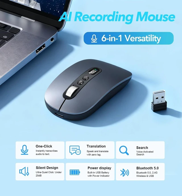 Alt view image 2 of 7 - AI Wireless Mouse with Voice-to-Text & 200+ Language Translator Bluetooth 5.0 Silent Mouse, USB-C Rechargeable, Smart AI Writing for Office & Meetings