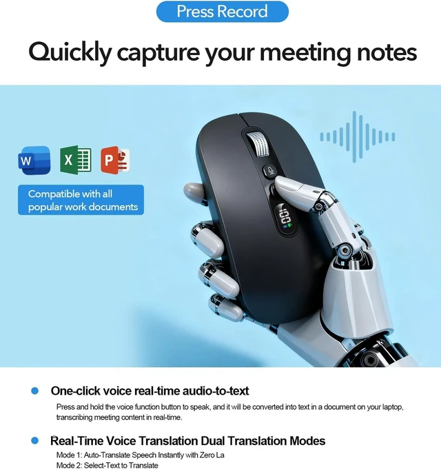 Alt view image 3 of 7 - AI Wireless Mouse with Voice-to-Text & 200+ Language Translator Bluetooth 5.0 Silent Mouse, USB-C Rechargeable, Smart AI Writing for Office & Meetings