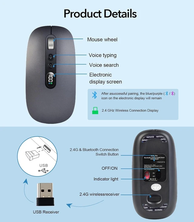 Alt view image 7 of 7 - AI Wireless Mouse with Voice-to-Text & 200+ Language Translator Bluetooth 5.0 Silent Mouse, USB-C Rechargeable, Smart AI Writing for Office & Meetings