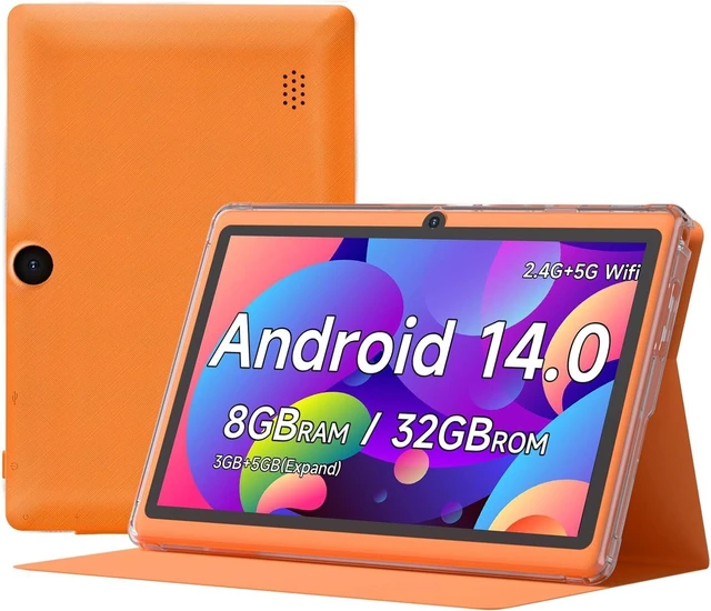 Main image of 7-Inch Android Tablet with Protective Case 8GB RAM (3GB+5GB Expand), 32GB ROM, 1TB Expand, IPS 1024×600, Bluetooth, 2.4G+5G WiFi, GMS, Widevine L1, YouTube & Netflix (Orange)