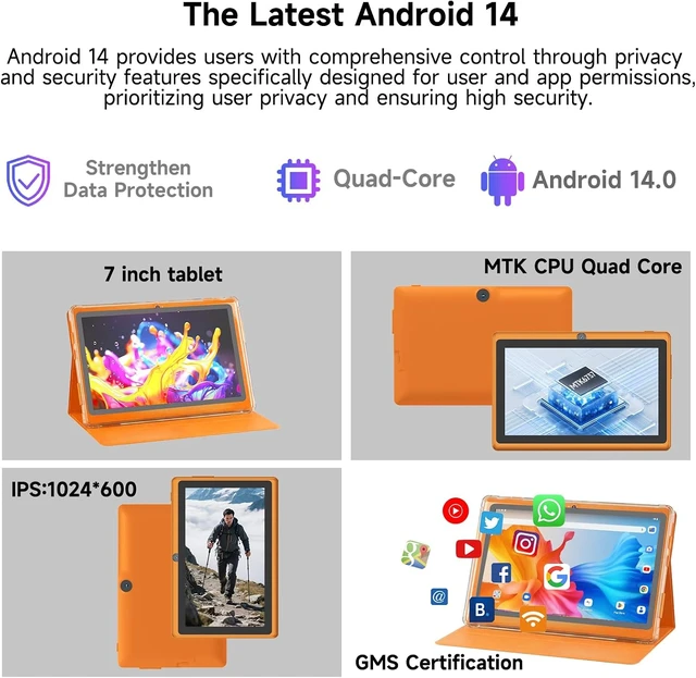Alt view image 2 of 7 - 7-Inch Android Tablet with Protective Case 8GB RAM (3GB+5GB Expand), 32GB ROM, 1TB Expand, IPS 1024×600, Bluetooth, 2.4G+5G WiFi, GMS, Widevine L1, YouTube & Netflix (Orange)