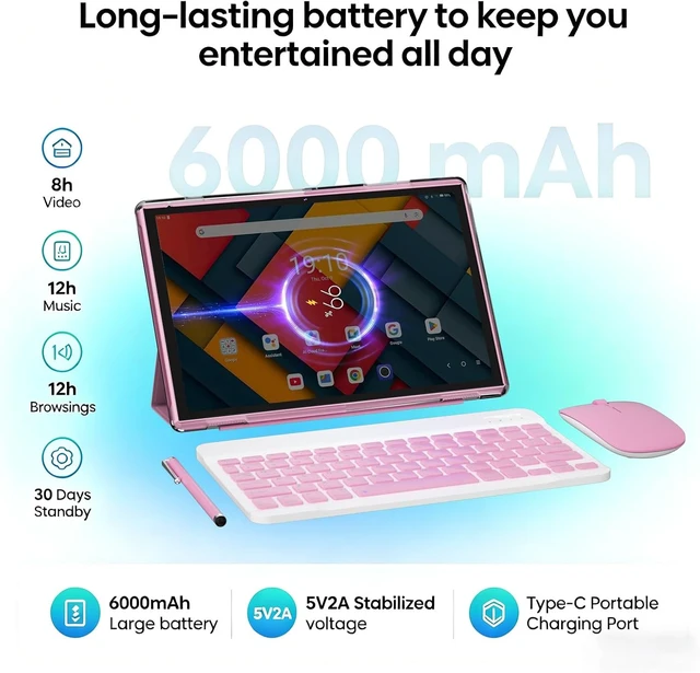 Alt view image 4 of 7 - 10-Inch Android 15 2-in-1 Tablet with Keyboard Includes Mouse, Stylus & Case, 8GB RAM 32GB ROM, 1TB Expandable, 6000mAh, Dual Camera, 5G WiFi-6, Bluetooth