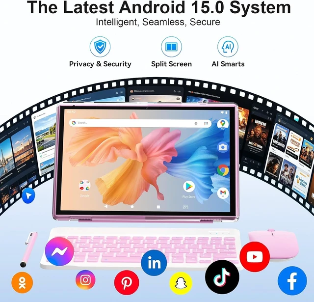 Alt view image 5 of 7 - 10-Inch Android 15 2-in-1 Tablet with Keyboard Includes Mouse, Stylus & Case, 8GB RAM 32GB ROM, 1TB Expandable, 6000mAh, Dual Camera, 5G WiFi-6, Bluetooth