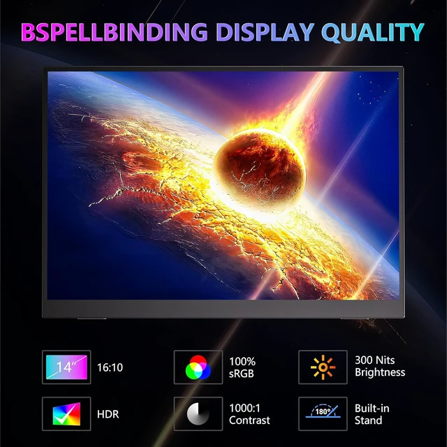 Alt view image 2 of 7 - 14" FHD 1080P Portable Monitor Ultra-Slim with Built-in 180° Adjustable Stand, Second Screen for Laptop, Desktop, Tablet, Phone, Xbox & PS4/PS5