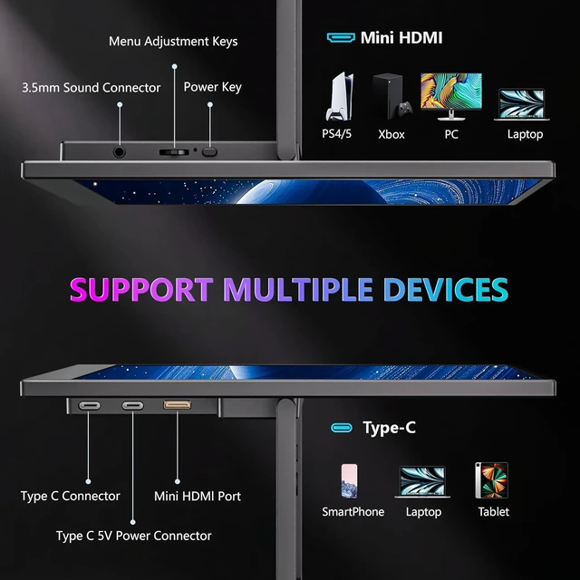 Alt view image 6 of 7 - 14" FHD 1080P Portable Monitor Ultra-Slim with Built-in 180° Adjustable Stand, Second Screen for Laptop, Desktop, Tablet, Phone, Xbox & PS4/PS5