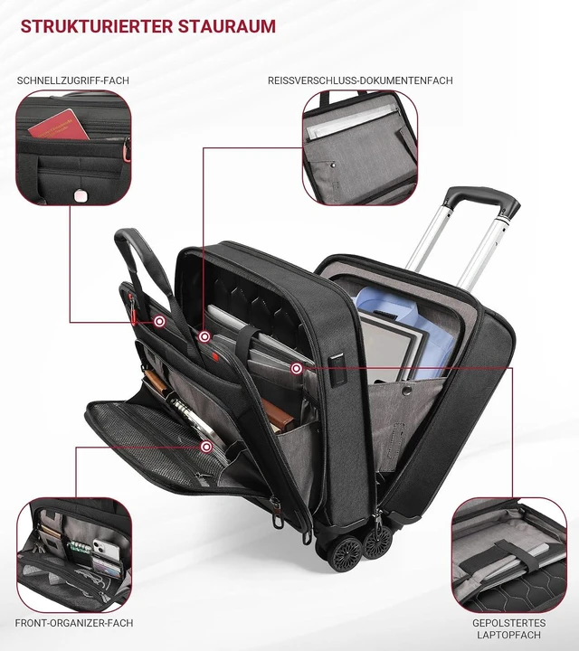 Alt view image 3 of 7 - Water-Resistant Rolling Laptop Bag with Wheels Rigid Frame, USB & Type-C Charging Port, for 17.3-Inch Laptop, Work Travel & Business
