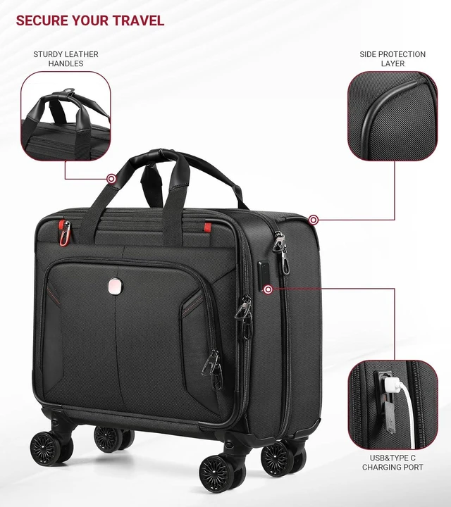 Alt view image 2 of 7 - Water-Resistant Rolling Laptop Bag with Wheels Rigid Frame, USB & Type-C Charging Port, for 17.3-Inch Laptop, Work Travel & Business