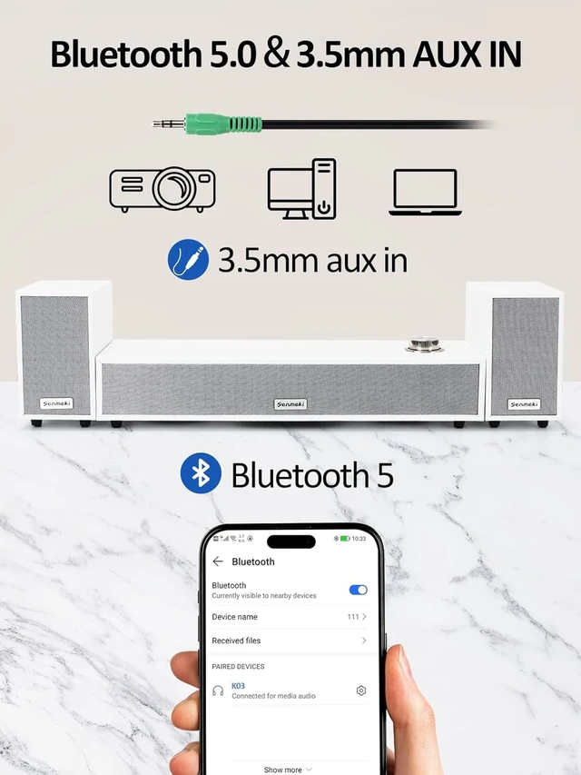 Alt view image 5 of 6 - 2.1 USB-Powered Computer Speakers with Subwoofer Bluetooth 5.0 & RCA Input for Desktop, Laptops, Phonograph, Phones & Tablets (K03) (White)