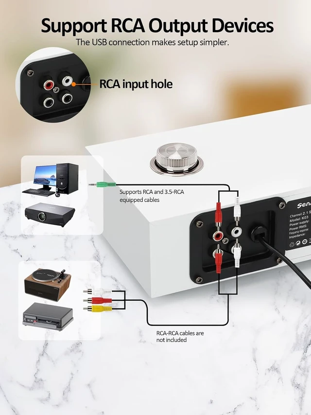 Alt view image 6 of 6 - 2.1 USB-Powered Computer Speakers with Subwoofer Bluetooth 5.0 & RCA Input for Desktop, Laptops, Phonograph, Phones & Tablets (K03) (White)