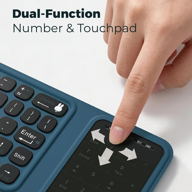 Alt view image 5 of 7 - Miffy Triple-Fold Bluetooth Keyboard Magnetic Fold Design with Integrated Touchpad & Numeric Keypad, Bluetooth 5.0 (3 Devices), 5.6mm Slim Rechargeable, Premium Leather, Blue