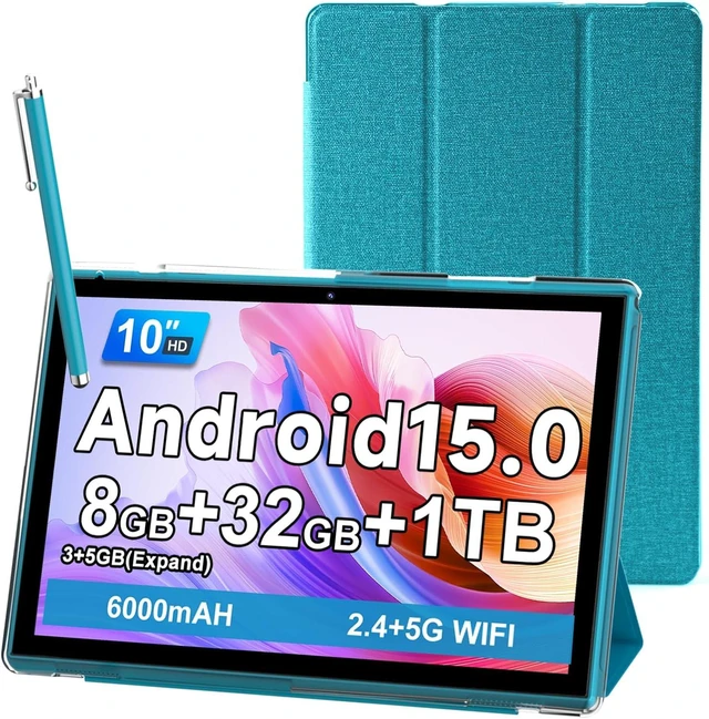 Main image of 10.1 Inch Android 15 Tablet with Case & Stylus 8GB RAM 32GB ROM, 1TB Expandable, Dual Camera, 5G WiFi-6, 6000mAh Battery, Protective Cover