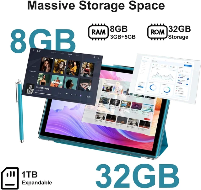 Alt view image 3 of 7 - 10.1 Inch Android 15 Tablet with Case & Stylus 8GB RAM 32GB ROM, 1TB Expandable, Dual Camera, 5G WiFi-6, 6000mAh Battery, Protective Cover