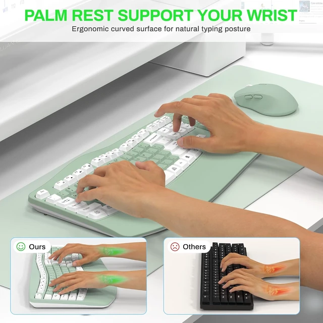 Alt view image 3 of 7 - 2.4G Ergonomic Wireless Keyboard & Mouse Combo with Wave Keys (Avocado Green-A)