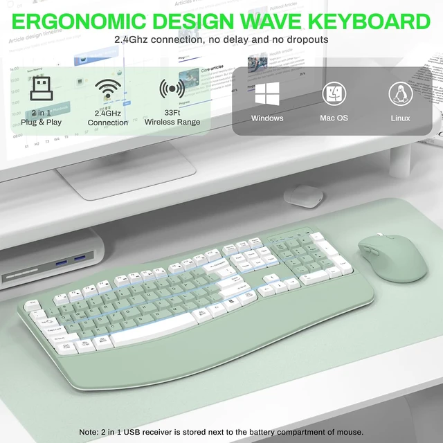 Alt view image 2 of 7 - 2.4G Ergonomic Wireless Keyboard & Mouse Combo with Wave Keys (Avocado Green-A)