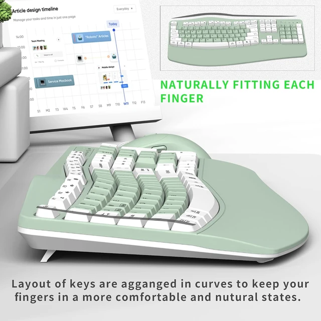 Alt view image 4 of 7 - 2.4G Ergonomic Wireless Keyboard & Mouse Combo with Wave Keys (Avocado Green-A)