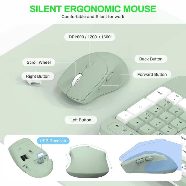 Alt view image 6 of 7 - 2.4G Ergonomic Wireless Keyboard & Mouse Combo with Wave Keys (Avocado Green-A)