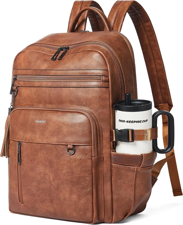 Main image of 17-Inch Leather Laptop Backpack for Women with Giant Tumbler Holders
