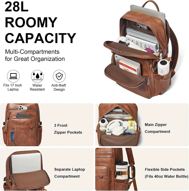 Alt view image 3 of 7 - 17-Inch Leather Laptop Backpack for Women with Giant Tumbler Holders