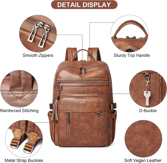 Alt view image 7 of 7 - 17-Inch Leather Laptop Backpack for Women with Giant Tumbler Holders