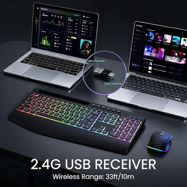 Alt view image 2 of 7 - Ergonomic Wireless Keyboard & Mouse Combo RGB Silent Set for Computer